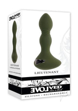 Lieutenant Rechargeable Silicone Anal Plug Green packaging showcasing egg-shaped design and multi-speed features.