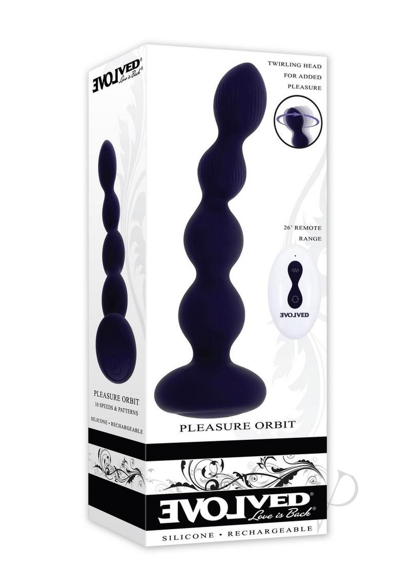 Pleasure Orbit Silicone Anal Beads Remote Control Purple packaging showcasing twirling head for added pleasure.