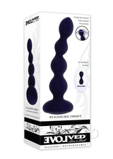 Pleasure Orbit Silicone Anal Beads Remote Control Purple packaging showcasing twirling head for added pleasure.