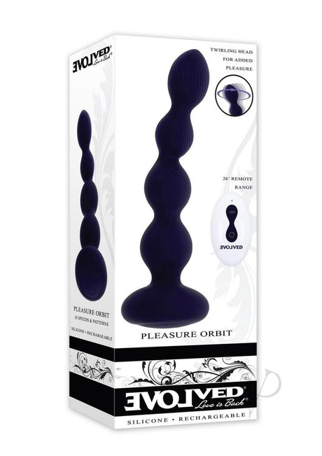 Pleasure Orbit Silicone Anal Beads Remote Control Purple packaging showcasing twirling head for added pleasure.