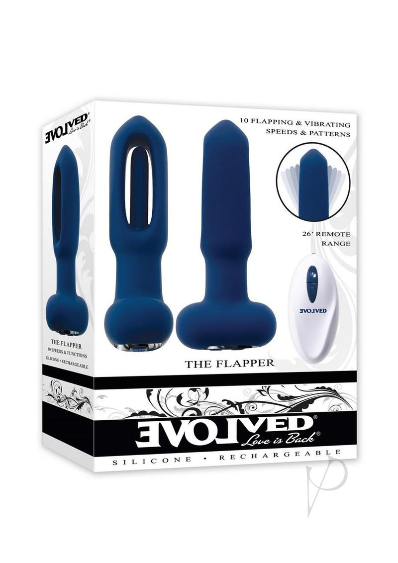 The Flapper Silicone Anal Plug with Remote Control Blue product packaging showcasing its features and design.