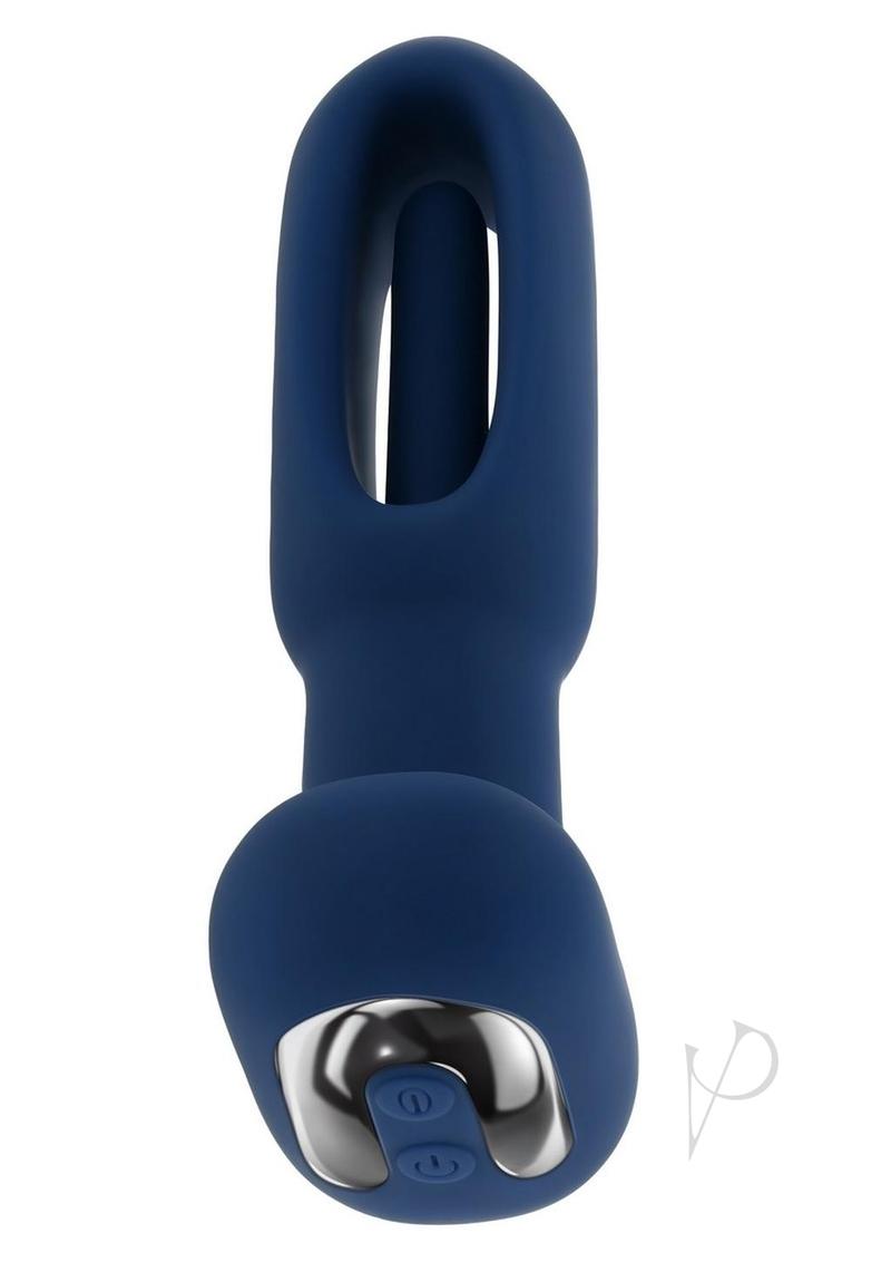 The Flapper Silicone Anal Plug with Remote Control Blue showcasing its sleek design and remote buttons for easy operation.