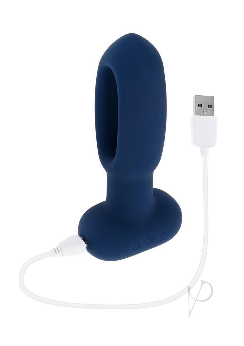The Flapper Silicone Anal Plug with Remote Control Blue, showcasing its design and USB charging feature.