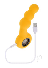 Gender X Bumble Rechargeable Silicone Anal Beads Yellow with USB charging connected.