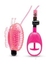 Lux Fetish Vibrating Butterfly Pussy Pump Pink Black with butterfly-shaped cup and suction pump.