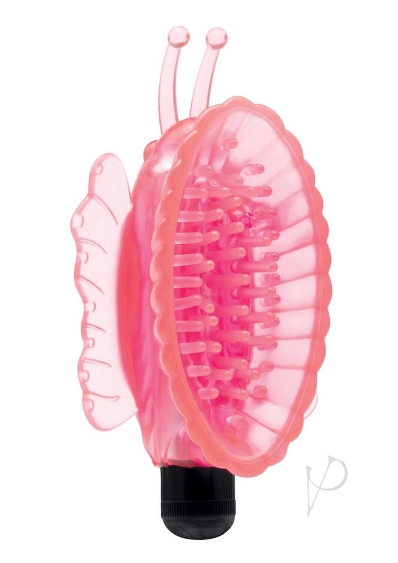 Lux Fetish Vibrating Butterfly Pussy Pump Pink Black, featuring a butterfly design with suction and vibration for enhanced pleasure.