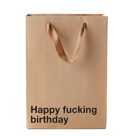 Wood Rocket Happy Fucking Birthday Kraft Paper Gift Bag with bold message for cheeky birthday celebrations.