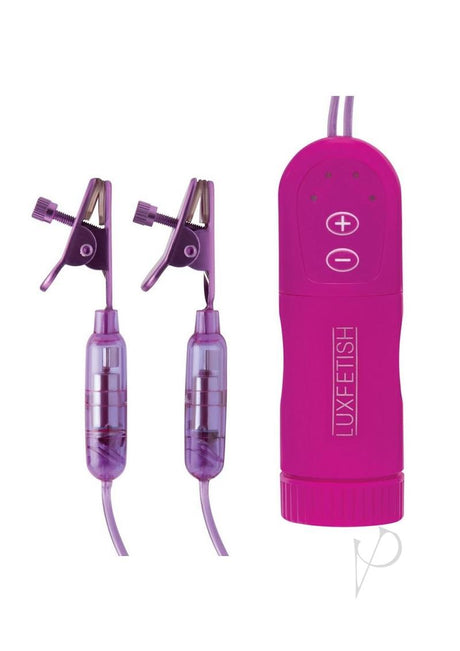 Lux Fetish Vibrating Nipple Clips Remote Control Purple with adjustable clips and wireless remote for stimulation.