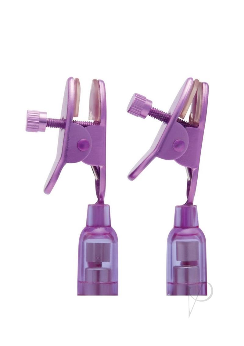 Lux Fetish Vibrating Nipple Clips Remote Control Purple - adjustable clips for wireless stimulation.