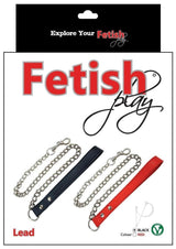 Fetish Play Lead Collar Vegan Leather Black packaging with chains in black and red.