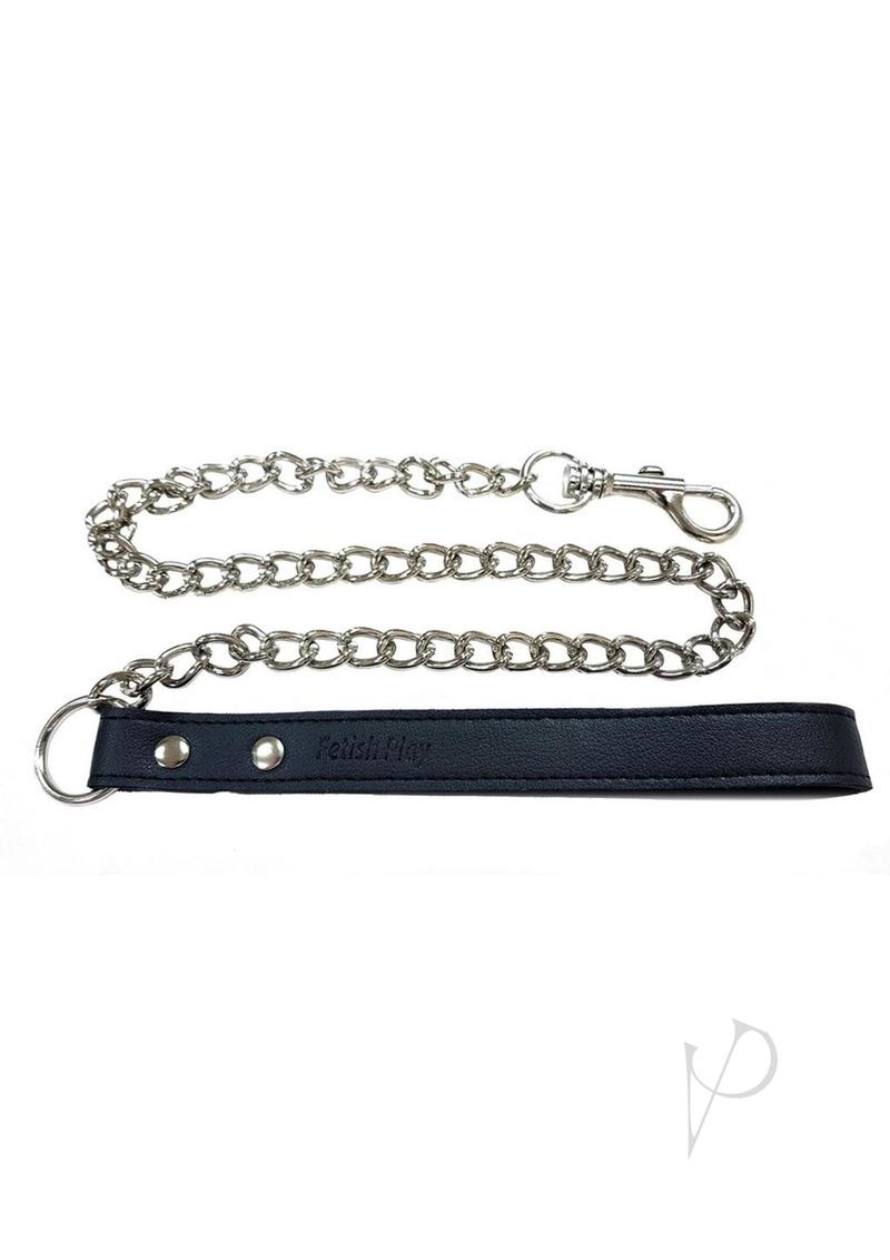 Fetish Play Lead Collar Vegan Leather Black with sturdy chain and lead attachment for power exchange play.