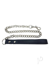 Fetish Play Lead Collar Vegan Leather Black with sturdy chain and lead attachment for power exchange play.