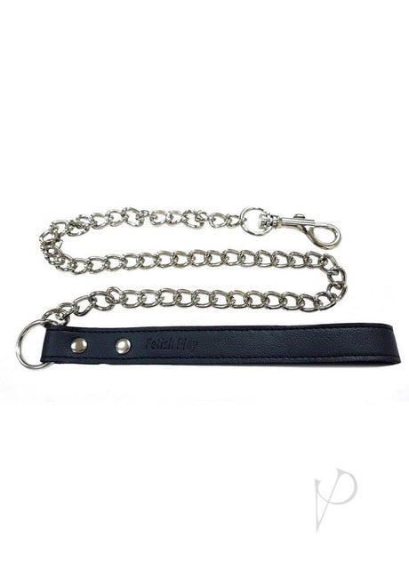 Fetish Play Lead Collar Vegan Leather Black with sturdy chain and lead attachment for power exchange play.