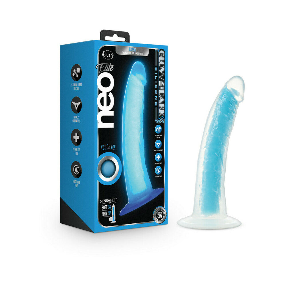 Blush Neo Elite Glow in the Dark Prysm 7 inches Silicone Dual Density Dildo with Suction Cup Neon Blue