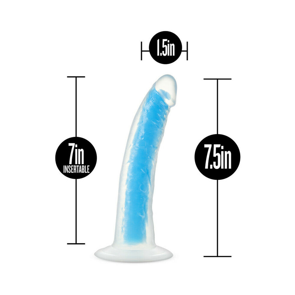 Blush Neo Elite Glow in the Dark Prysm 7 inches Silicone Dual Density Dildo with Suction Cup Neon Blue