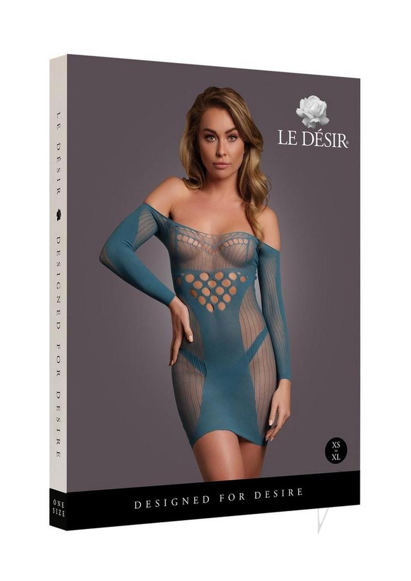 Le Desir Long Sleeved Net Mini Dress One Size Blue displayed on a model, showcasing its stylish cut-out design and blue color.