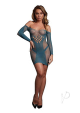 Le Desir Long Sleeved Net Mini Dress One Size Blue worn by model, showcasing net fabric and bold cut-out design.