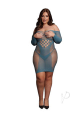 Model wearing Le Desir Long Sleeved Net Mini Dress Queen Blue, showcasing cut-out design and body-hugging silhouette.