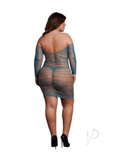 Le Desir Long Sleeved Net Mini Dress Queen Blue seen from the back, featuring a daring net design and flattering silhouette.