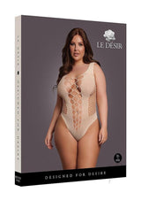 Le Desir V-Neck Teddy with Opaque Panels Queen Beige showcased on a model, highlighting its deep-V neckline and sheer net details.