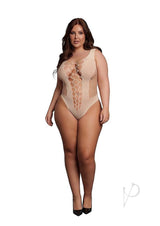 Le Desir V-Neck Teddy with Opaque Panels Queen Beige worn by a model, showcasing its deep-V neckline and curve-hugging fit.