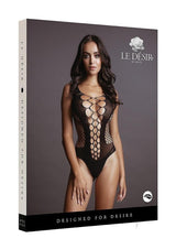 Le Desir Contrast Fence Net Teddy OS Black showcasing bold net paneling and deep-V neckline, ideal for enhancing confidence in lingerie.