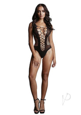 Le Desir Contrast Fence Net Teddy OS Black featuring a daring design with fence net detailing and plunging neckline.