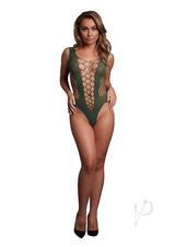 Le Desir V-Neck Teddy with Opaque Panels OS Green worn by model, featuring a deep-V neckline and sheer net detailing.