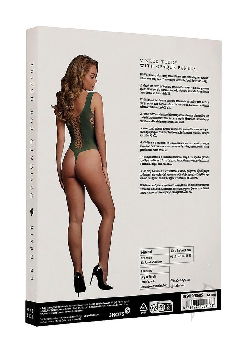 Le Desir V-Neck Teddy with Opaque Panels OS Green packaging showcasing the design and features from the back.