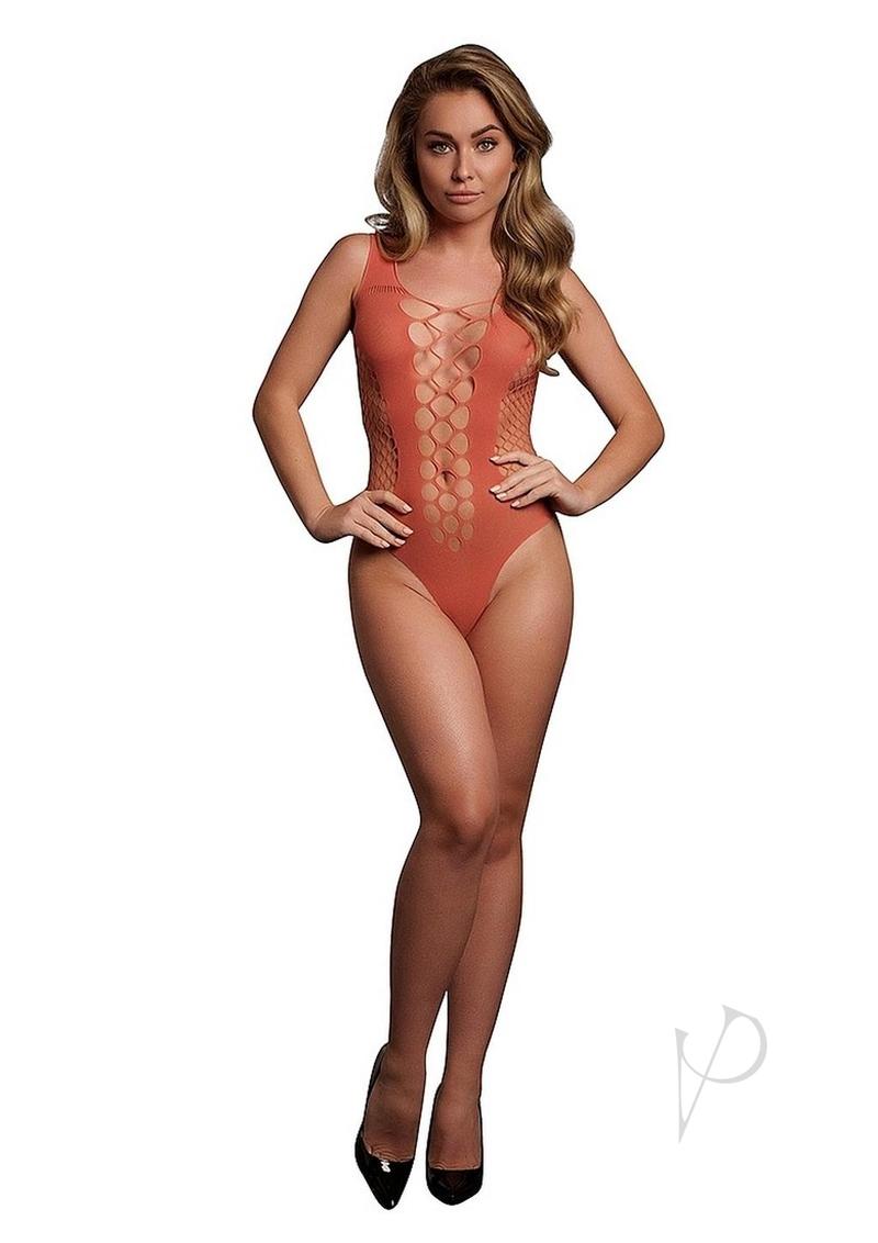 Le Desir V-Neck Teddy Opaque Panels OS Sunset Glow Orange worn by a model showcasing its captivating design.