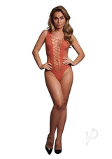Le Desir V-Neck Teddy Opaque Panels OS Sunset Glow Orange worn by a model showcasing its captivating design.