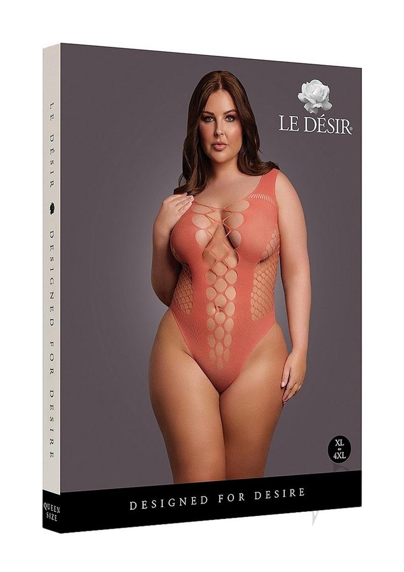 Le Desir V-Neck Teddy Queen Sunset Glow Orange model showcasing an alluring plus-size teddy design.