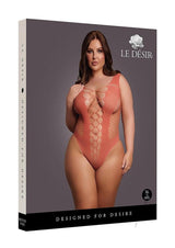 Le Desir V-Neck Teddy Queen Sunset Glow Orange model showcasing an alluring plus-size teddy design.