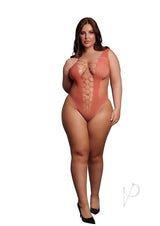 Le Desir V-Neck Teddy Queen Sunset Glow Orange plus-size teddy featuring sheer net and deep-V neckline.