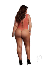 Model wearing Le Desir V-Neck Teddy Queen Sunset Glow Orange, showcasing the back with lace-up detail.