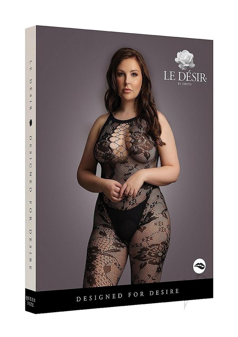 Le Desir Criss Cross Neck Bodystocking Queen Black displayed on model showcasing its alluring design and lace pattern.