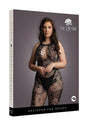 Le Desir Criss Cross Neck Bodystocking Queen Black displayed on model showcasing its alluring design and lace pattern.