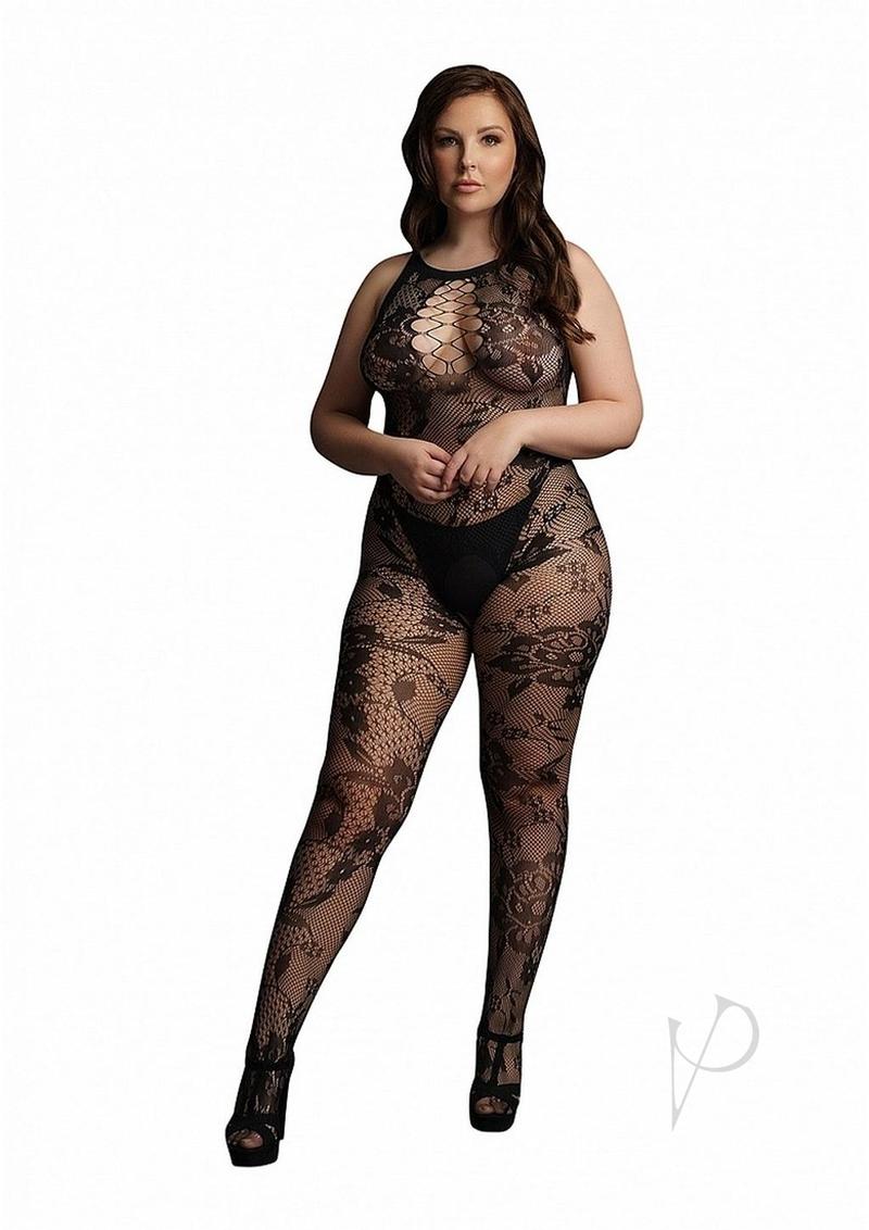 Le Desir Criss Cross Neck Bodystocking Queen Black showcasing a lace bodystocking on a model, enhancing curves and style.