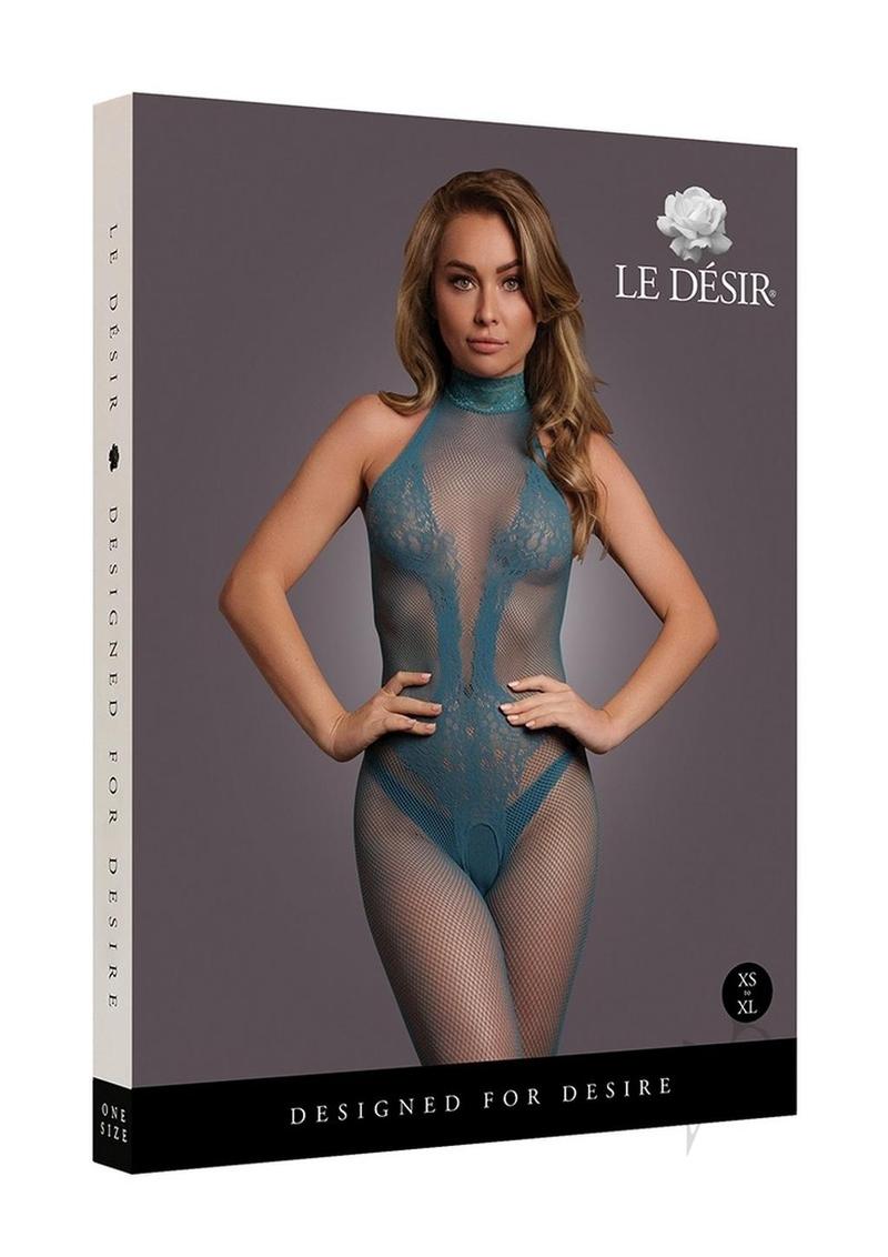 Le Desir Fishnet and Lace Bodystocking OS Blue displayed on model, highlighting its elegant lace and bold fishnet design.