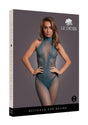 Le Desir Fishnet and Lace Bodystocking OS Blue displayed on model, highlighting its elegant lace and bold fishnet design.