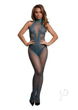 Le Desir Fishnet and Lace Bodystocking OS Blue on a model highlighting intricate lace and fishnet design.