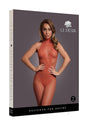 Le Desir Fishnet and Lace Bodystocking OS Sunset Glow Orange packaging with model showcasing the design.