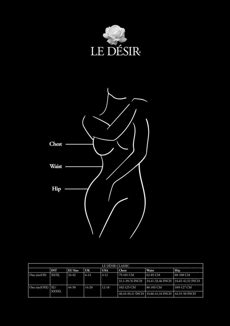 Le Desir Duo Net Key Hole Bra Set Queen Black size guide with chest, waist, and hip measurements on a black background.