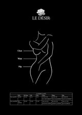 Le Desir Duo Net Key Hole Bra Set Queen Black size guide with chest, waist, and hip measurements on a black background.