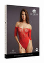 Le Desir Crotchless Rhinestone Teddy One Size Red packaging featuring a model in a red lace teddy.