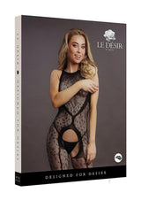 Le Desir Crotchless Leopard Bodystocking One Size Black model showing bold animal-print lingerie