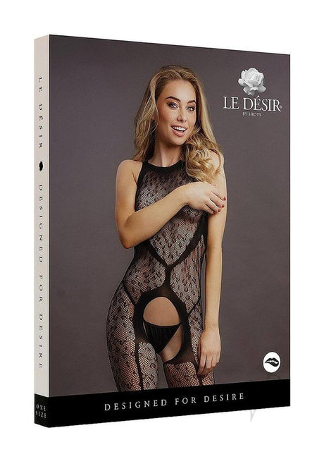 Le Desir Crotchless Leopard Bodystocking One Size Black model showing bold animal-print lingerie