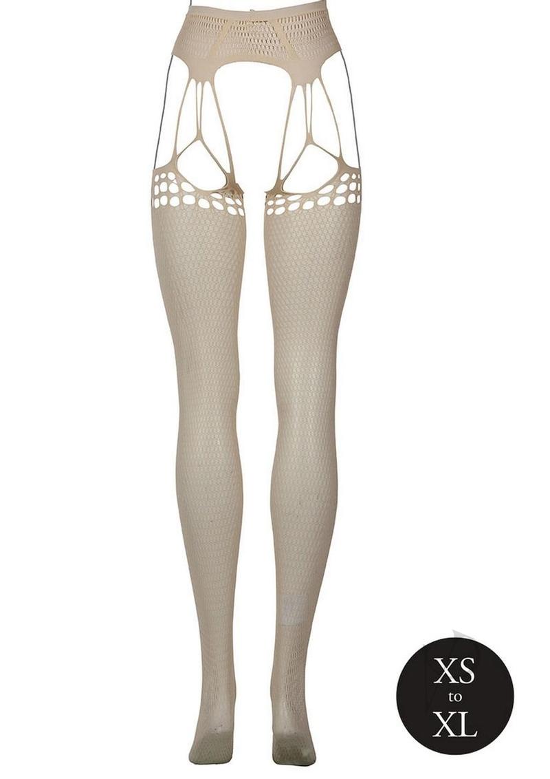 Le Desir Shredded Suspender Pantyhose OS Beige displayed on a mannequin, showcasing its edgy design and stretch fit.