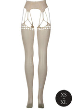 Le Desir Shredded Suspender Pantyhose OS Beige displayed on a mannequin, showcasing its edgy design and stretch fit.