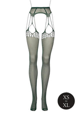 Le Desir Shredded Suspender Pantyhose OS Green featuring an edgy shredded fishnet design with attached garter straps.